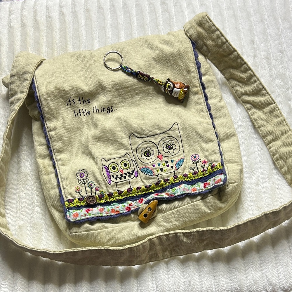 Owl Embroidered Shoulder Bag + Bead & Ceramic Owl Key Chain